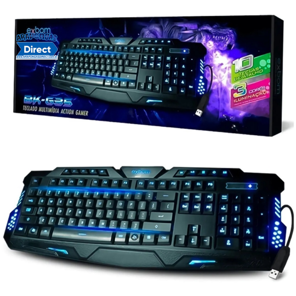 Teclado Gamer Action Qwerty Abnt2 Anti-ghosting 3 Cores Iluminação Exbom BK-G35